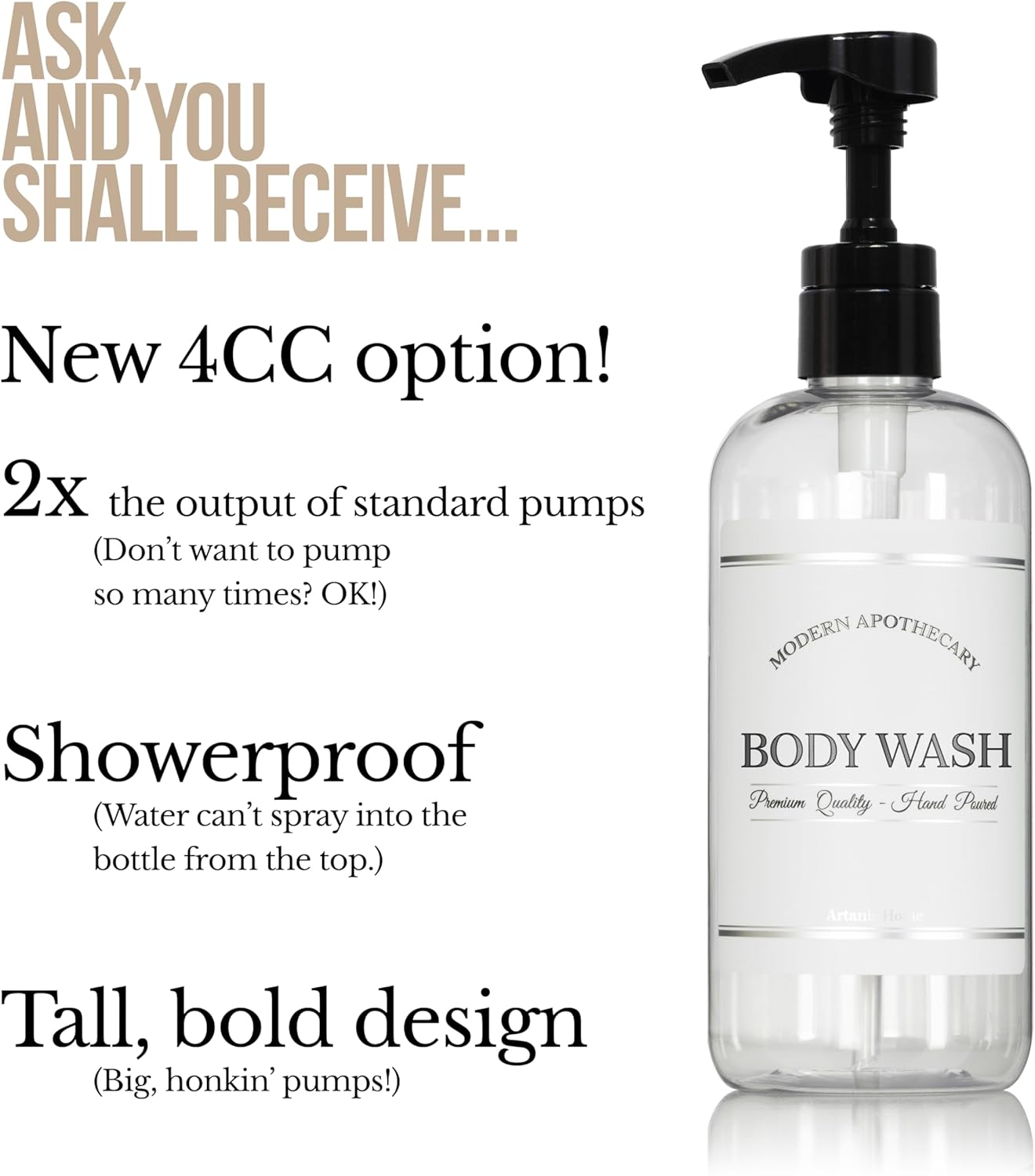 Refillable Clear PET Plastic 16 oz Body Wash Bottle with High Output Black Plastic Pump Dispenser - Chrome Accent Waterproof Labeled Bottle