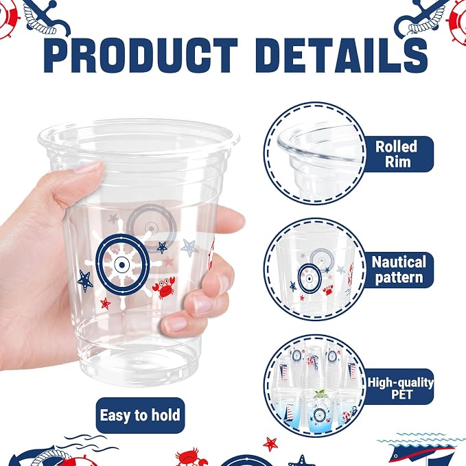 100pcs Nautical Plastic Cups 12 oz Nautical Birthday Clear Cups Navigation Disposable Glasses Blue Sailboat Anchor Lifebuoy Steering Wheel Beverage Glasses for Ocean Birthday Party Supplies