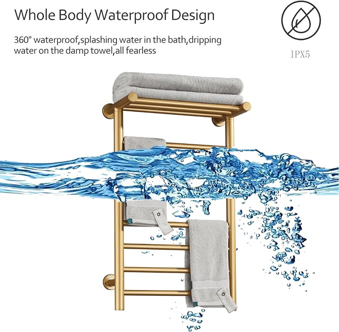 Electric Heated Towel Rack, Built-in Timer with Led Indicators | Timer Modes: 1 H to 8 H, Gold 7-Bar Wall Mounted Towel Warmer with Top Shelf, 70W Heated Towel Warmer, Hardwired