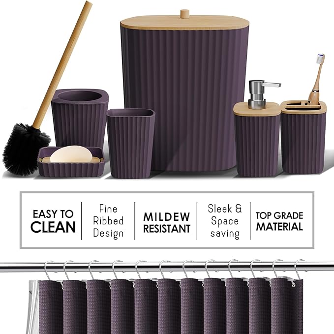 Clara Clark Bathroom Accessories Set - Bathroom Set, Bathroom Accessory Set, Shower Curtain Set, Toilet Brush, Trash Can & Soap Dispenser - Purple - 20PC