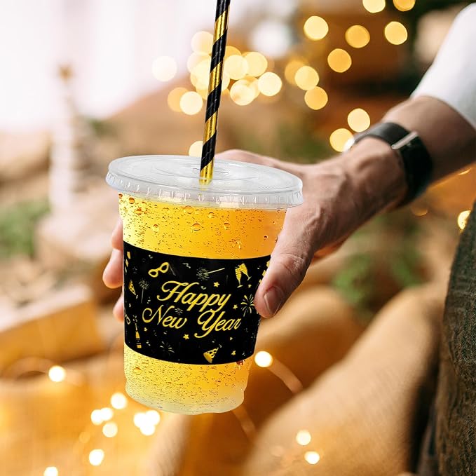 JarThenaAMCS 50Pcs New Year Plastic Cups With Lids And Straws 12oz Disposable Party Cups Black Gold Cold Beverage Drinking Cups for Chinese Spring Festival Party Supplies