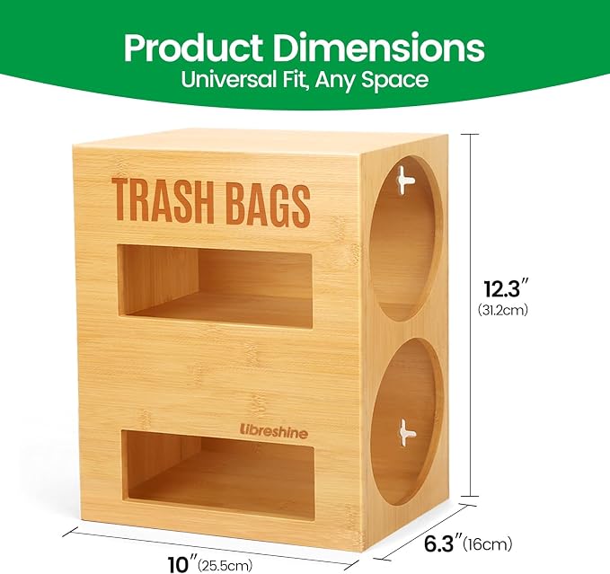 Libreshine Dual Roll Bamboo Trash Bag Dispenser & Grocery Bag Holder, 2-Compartment Organizer for 13–33 Gallon Rolls (Fits Up to 5.2”Dia), Wall Mount or Under Sink, Stackable Storage