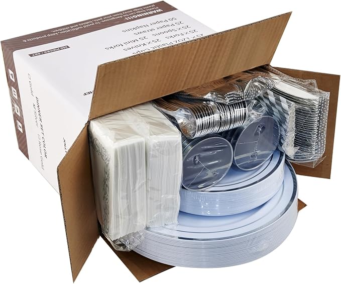 250 Count Silver Disposable Plastic Dinnerware Set, 50 Silver Plates, 25 Plastic Silverware, 25 Cups and Straws, 50 Napkins, Perfect for Wedding Party