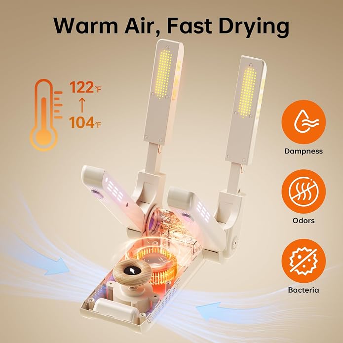Boot Dryer, Shoe Dryer for Work Boots and Gloves, 4 Tubes with Timer, Rose Salt Remove Odor, Quiet Portable Shoe Dehumidifier, Suitable for Ski Boots, Shoes, Gloves, Socks & Hats, Ivory, SH01A
