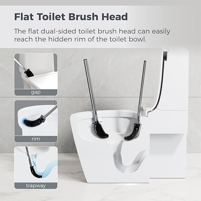 Sineng Silicone Toilet Brush and Holder Set, Stainless Steel Toilet Cleaning Brush, One-Piece Long Handle, Flexible Compact Modern RV Toilet Bowl Brush for Bathroom