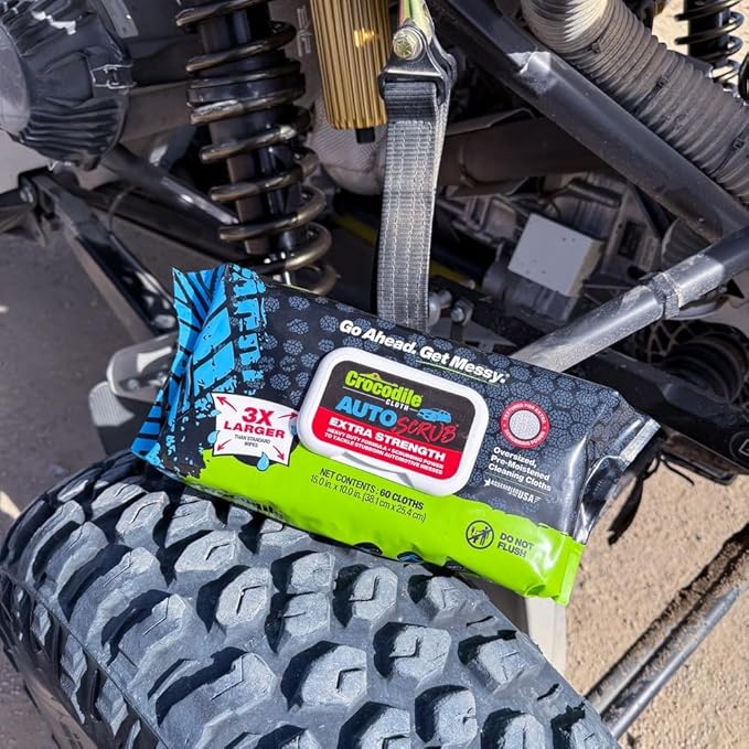 Crocodile Cloth AutoSCRUB Cleaning Wipes – 60-Count (15” x 10”) Cleaning Cloths Remove Oil, Grease, Paint, Tar, Brake Dust, Hydraulic Fluid, Silicone, Sealants & Road Grime from Tools & Hands