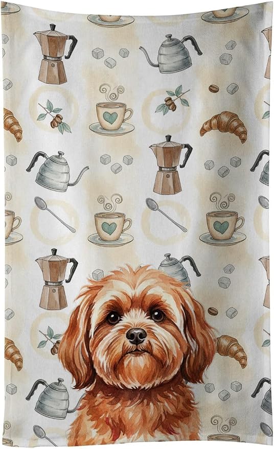 Caroline's Treasures Red Lhasa Apso Coffee Bar Kitchen Towel Velour Plush Front and Cotton Loop Back Machine Washable