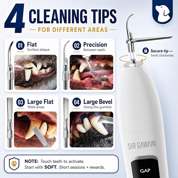 SIRGAWAIN Pet Ultrasonic Dental Cleaner — Plaque, Tartar & Stains Remover, 4 Tips, 3 Modes, LED, Contact-Activated & Smart Touch Protection, Complete Cleaning Kit for Dogs & Cats