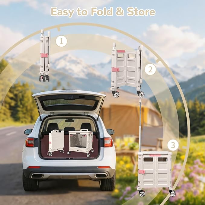 FELICON SELORSS Folding Utility Cart Portable Rolling Crate Handcart on Rotate Wheels with Magnetic Sliding Lid Telescoping Handle Lockable Transparent Front Panel for Travel Shop Office Teacher(Gray)