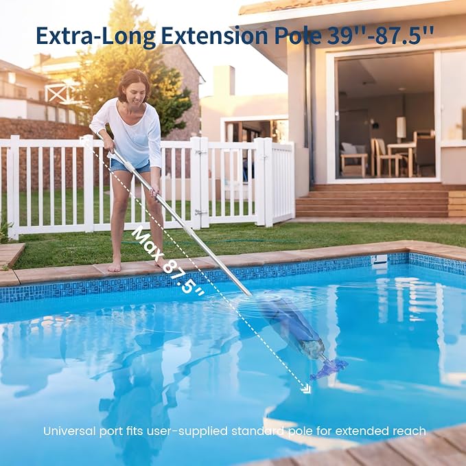 Cordless Handheld Pool Vacuum, 18.5GPM Strong Suction, 45 Mins Runtime, Telescopic Pole, Dual Brush Heads for Above Ground, Inground Pools, Spas & Hot Tubs, Vako H10 Blue