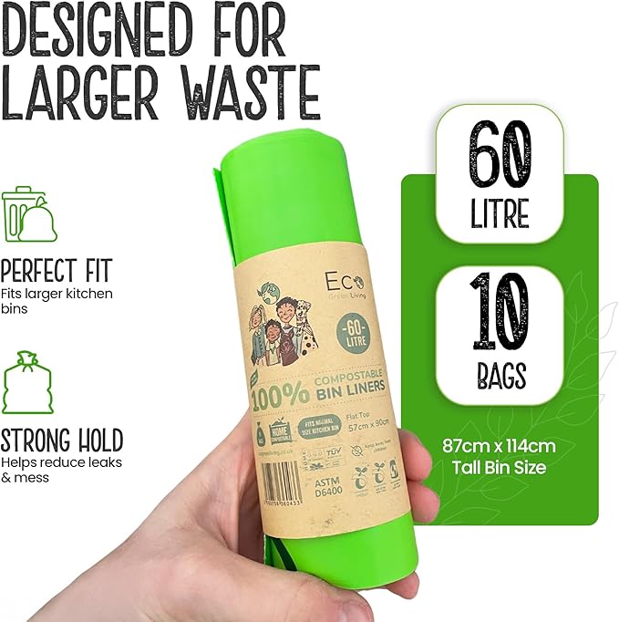 Compostable Bags - 15.9 Gallon (60L) Trash Bags Without the Waste, Certified Compostable & Eco Friendly, No Plastic Bags for Large Kitchen Trash
