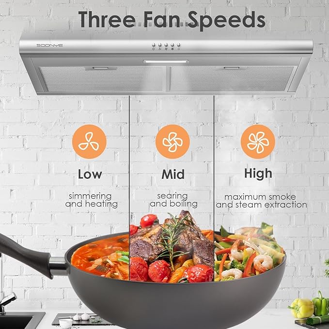 30 inch Stainless Steel Under Cabinet Range Hood, Slim Kitchen Vent Hood Ducted/Ductless Convertible with 3 Speed Controls, 5-Layer Aluminum Filters,LED Lights