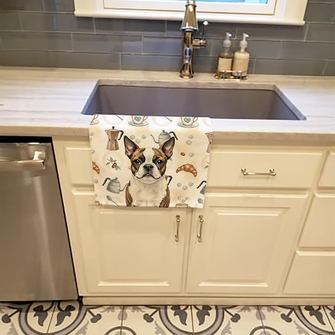 Caroline's Treasures Brindle Boston Terrier Coffee Bar Kitchen Towel Velour Plush Front and Cotton Loop Back Machine Washable