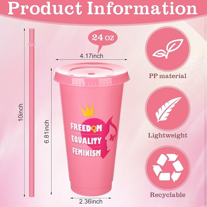 Meanplan 24 Pcs Women's History Month Gifts Bulk 24 oz Plastic Tumbler with Lids and Straws Inspirational Reusable Cups WHM Feminism Gift for March International Women's Day Party Favors