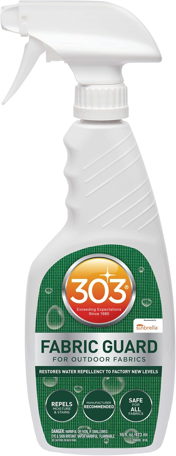 303 Fabric Guard - For Outdoor Fabrics - Restores Water Repellent Properties - Repels Moisture & Stains - Manufacturer Recommended - Safe For All Fabrics, 16oz (30605CSR) Packaging May Vary