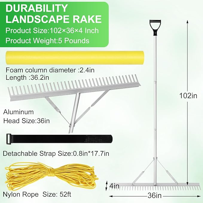 Pond Rake, 36" Aquatic Lake Weed Rake with 8.5' (102'') Adjustable Extension Pole, Rope and Float, 52' Throw, Aluminum Landscape Harrow for Lake, Lawns, Gardens, Beach