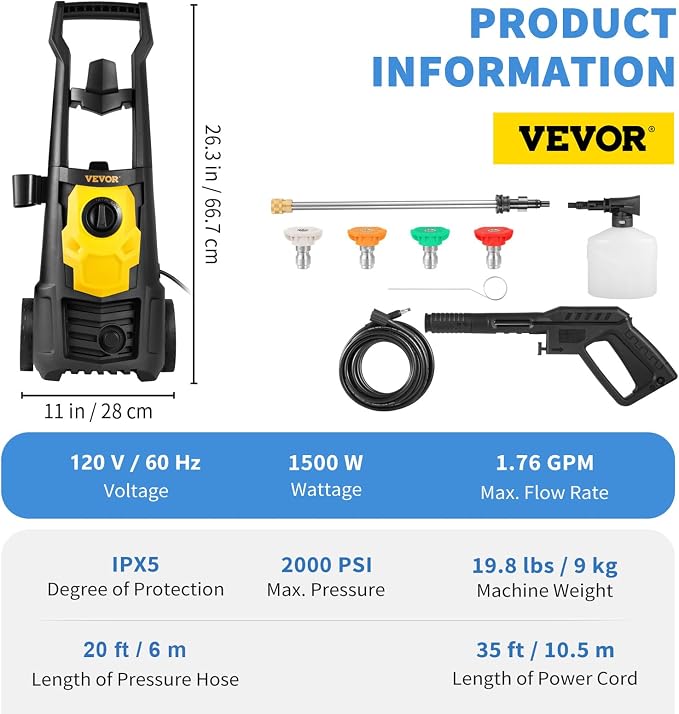 VEVOR Electric Pressure Washer, 2000 PSI 1.76 GPM, Portable Cleaner with 20ft Hose, Foam Cannon & 4 Nozzles for Cars, Patios, Fences - ETL Listed