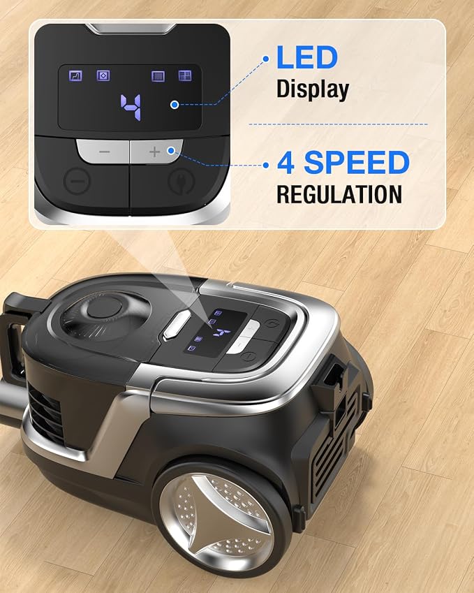 Zefiro Max 1600W Bagless Canister Vacuum Cleaner, 40kPa Powerful Suction for Pet Hair, Hard Floors & Carpets, Lightweight with HEPA Filter, Auto Cord Rewind & Large Capacity for Home & Apartments