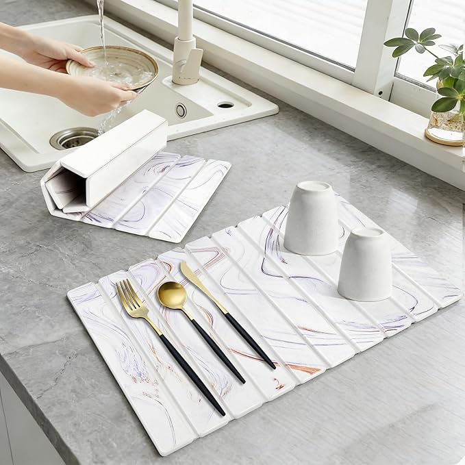 Large Stone Drying Mat for Kitchen Counter, Collapsible Stone Dish Drying Mats, Water Absorbing Diatomaceous Earth Drying Stone for Kitchen Counter, Kitchen Dish Drying Stone Mat, 24"×16" (White)