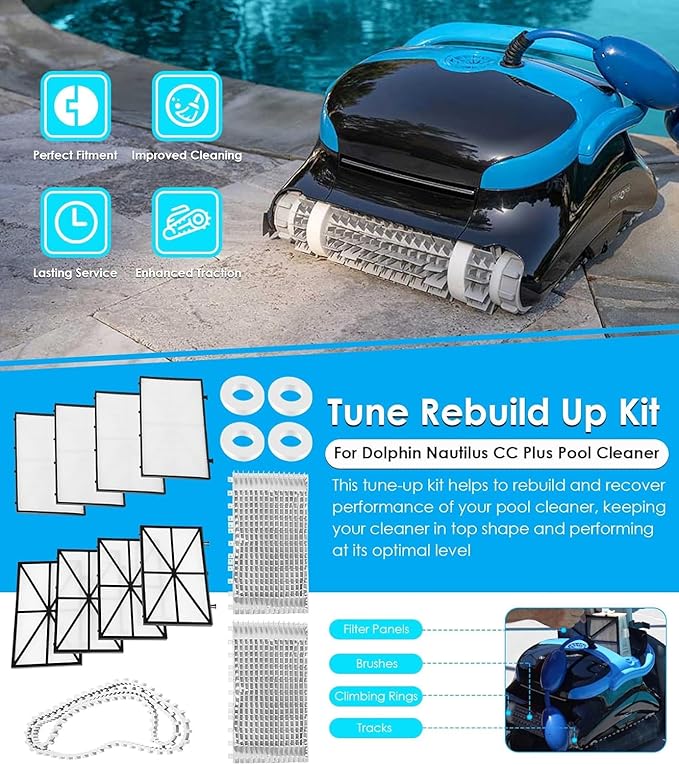 For CC Plus Tune Up Rebuild Kit with 9991433-R4 Fine Filter Panels, 6101641-R2 Grey Brushes, Tracks & Climbing Rings Replacement Parts for Maytronics Dolphin Nautilus CC Plus Robotic Pool Cleaner