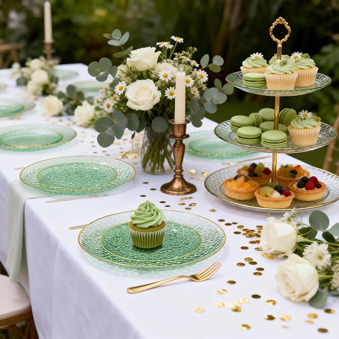 DaYammi 240Pcs Green Plastic Plates Including 120Pcs Dessert Plates and 120Pcs Gold Forks,Hammered Party Plate,Green Gold Appetizer plates Heavy duty Disposable Plastic Plate for Party Birthday Dinner