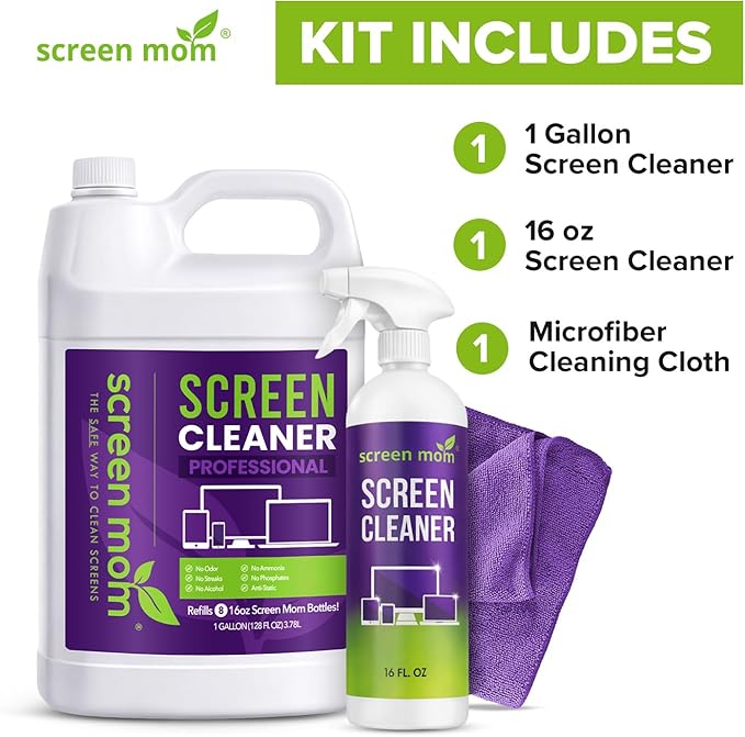 Screen Mom Ultimate Screen Cleaning Kit - 16oz TV Screen Cleaner Spray and Wipes Microfiber Cloth with 1 Gallon Cleaner Refill for TVs, Monitor, Laptop, Car, Phone, iPad, Computer Cleaning Kit