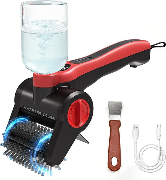Electric Grill Brush, 100W High Power Cordless BBQ Cleaner with 300ml Water Spray Tank, IPX8 Waterproof Automatic Scrubber for Gas Charcoal Grills, 2-Speed Rechargeable Power Brush with Scraper