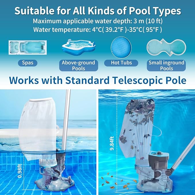 Leaf Eater, Heavy-Duty Cordless Pool Vacuum Cleaner with Dual Filter Bags,with Pole,Powerful Suction, Rechargeable, Effortless Leaf & Debris Removal, for Above Ground Pools & In Ground Pools