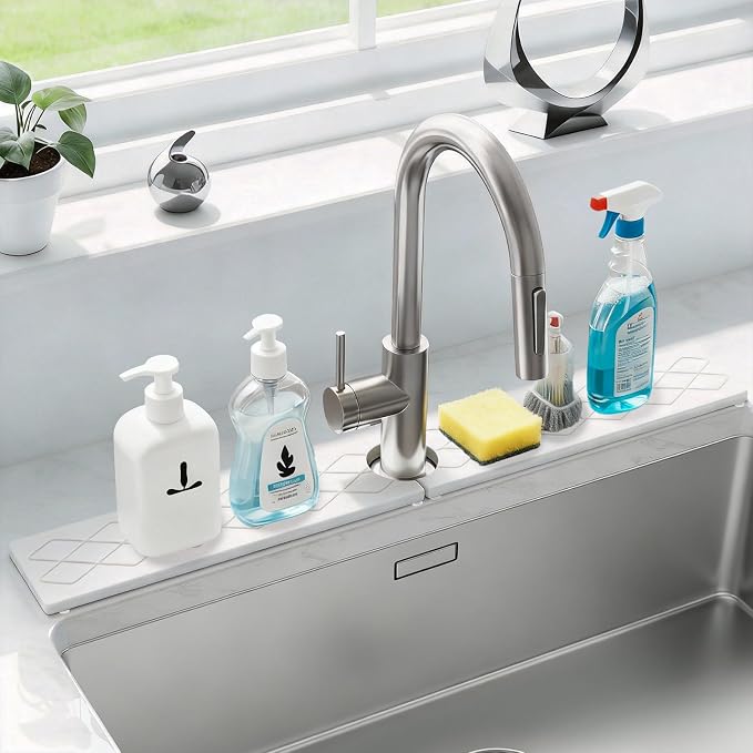 Stone Faucet Mat for Kitchen Sink, Diatomite Drying Stone Tray Sink Protector, Water-Absorbing Splash Guard, 2 Pieces Faucet Mat Together with Sandpaper, Prevent Moisture on Kitchen Bathroom Counter