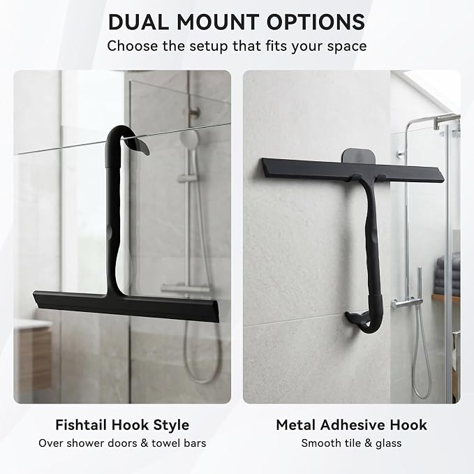 OTraki Black Silicone Shower Squeegee for Glass Doors, Bathroom Cleaner Tool Household Windows Mirror Squeegees, 8 Inch Portable Window Cleaning Tool with Fishtail and Metal Hook for Bathroom