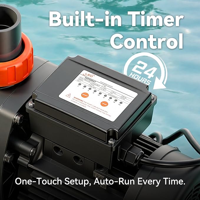 LEO 2HP In/Above Ground Pool Pump with Timer High Flow Powerful Self Priming Pool Pump, Single Speed 220V 6950GPH, Dark Black