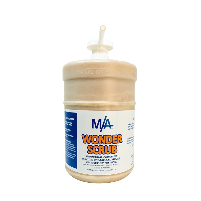 M/A Wonder Scrub - Industrial Strength Mechanic Hand Cleaner - All Natural Walnut Shell Soap - Tough on Grease and Dirt (Gallon 4 Pack & Pump)
