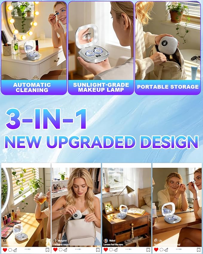 2025 Upgraded Ultrasonic Contact Lens Cleaner【50KHz Germany Super Motor】【Top1 Intelligent Chip-Smart Modes】 Gentle Cleaning & 99% Brightness, Portable Soft Contact Lens Care Tools Home Travel (Grey)