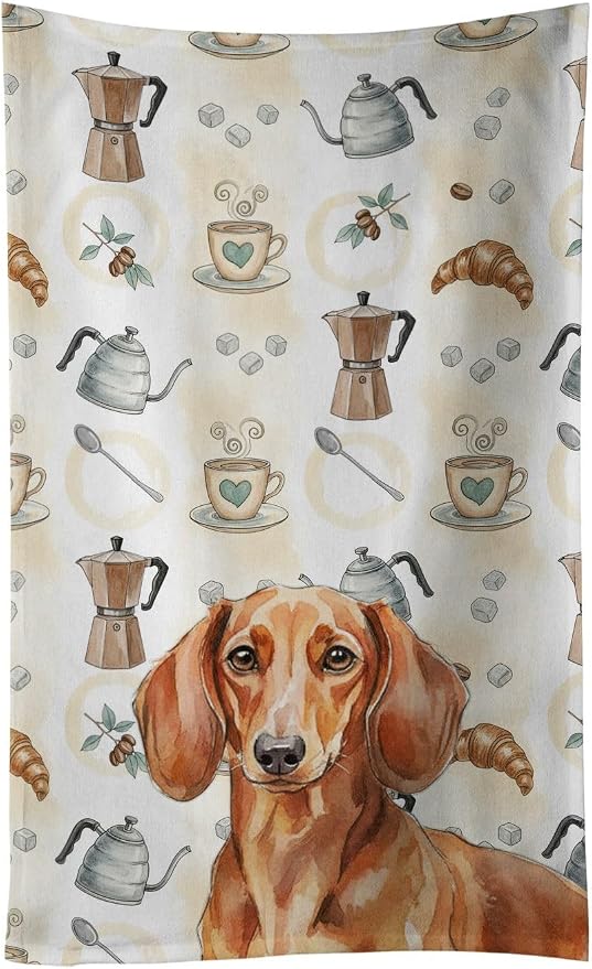 Caroline's Treasures Red Brown Dachshund Coffee Bar Kitchen Towel Velour Plush Front and Cotton Loop Back Machine Washable