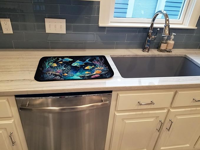 Caroline's Treasures Bioluminescent Fish Dish Drying Mat Absorbent Dish Drying Mat Pad for Kitchen Counter Dish Drainer Mat for Countertop, 14 x 21", Multicolor