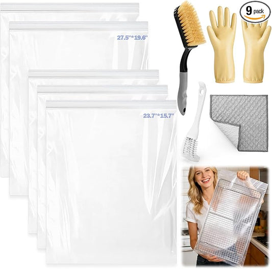 Palksky Oven Rack Cleaning Bags Kit, Reusable Soaking Bags with Brushes, Gloves & Cloth, No Mess Cleaning for Oven Racks, Grill Grates & BBQ Racks, No Cleaner Included, 9 Packs