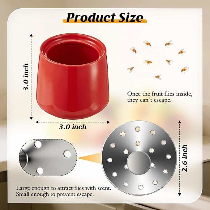 Ceramic Fruit Fly Trap for Indoors, Reusable Kitchen Fly Catcher with Stainless Steel Vent Lid, Uses Safe & Natural Vinegar Bait Trap, Dishwasher Safe, Easy to Use(Red,1 Pack)