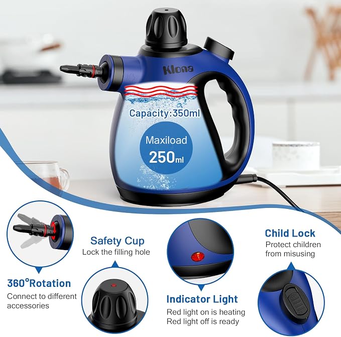KLONA Steam Cleaner, Multi-Purpose Handheld Steam Cleaner with 10 Accessories, Steam Cleaning Handheld for Removing for All Dirt, Upholstery Furniture, Sofa, Tiles, Floor, Window, Bathroom.