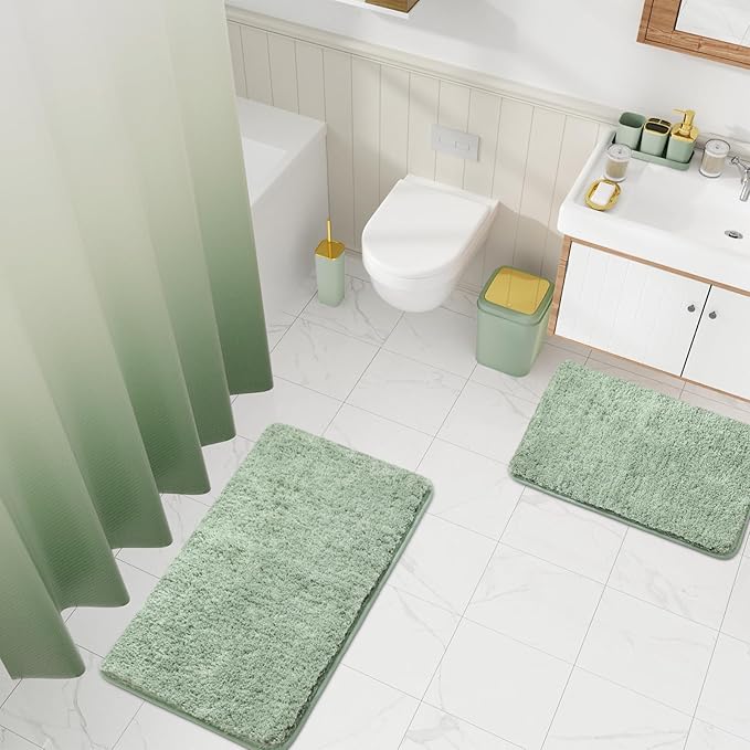 XLHOMO Sage Green Bathroom Set - 24PC Bathroom Sets with Shower Curtain and Rugs, Sage Green Bathroom Accessories Set with Press-on Lid Bathroom Trash Can, Soap Dispenser
