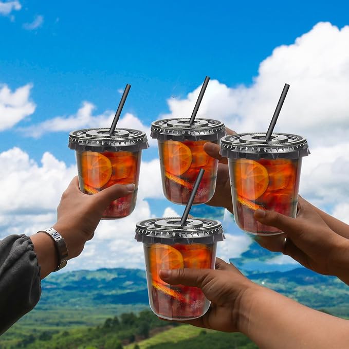 12oz Disposable Stemless Glasses with Flat Lids and Straws,PET Disposable Drinking Cups,Clear Plastic Wine Glasses for Parties Birthday,Wedding,Meeting,Christmas Party Supplies. (100, Black)