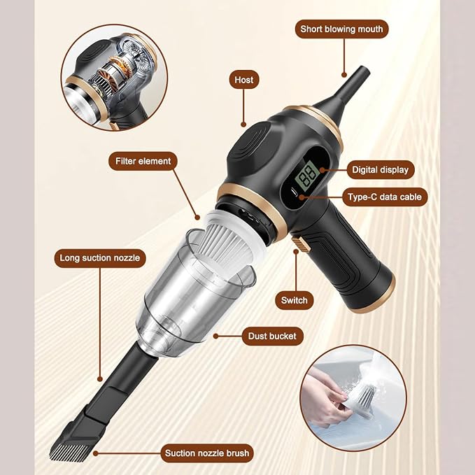 Portable Electric Air Duster, Cordless Mini Air Blower, Rechargeable Handheld Car Dust Vacuum Cleaner Multi Nozzles for Keyboard, PC, Car, Home, Outdoor Cleaning