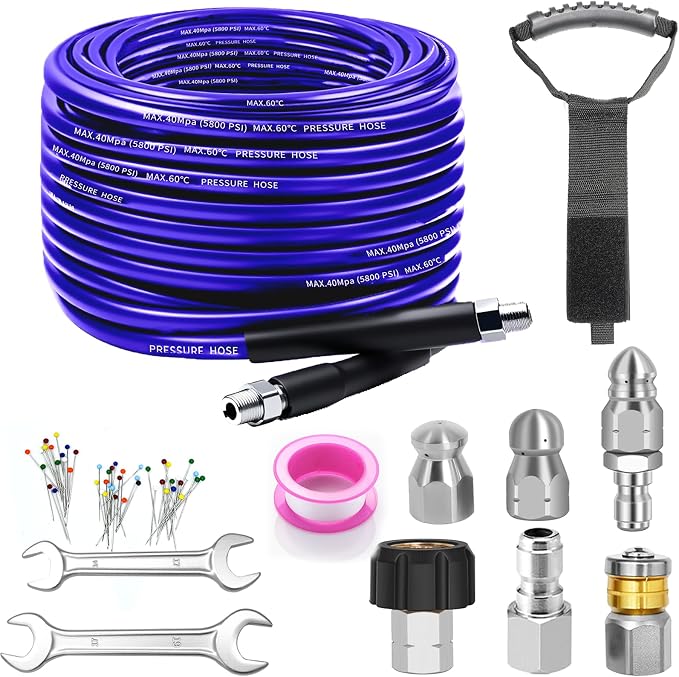 Sewer Jetter Kit for Pressure Washer, 100FT Drain Cleaner Hose 5800PSI with 1/4 Inch NPT Corner, Rotating Nozzle and 4 Different Button Nose Sewer Jet Nozzles, Waterproof Tape and 2 Spanners （Purple）