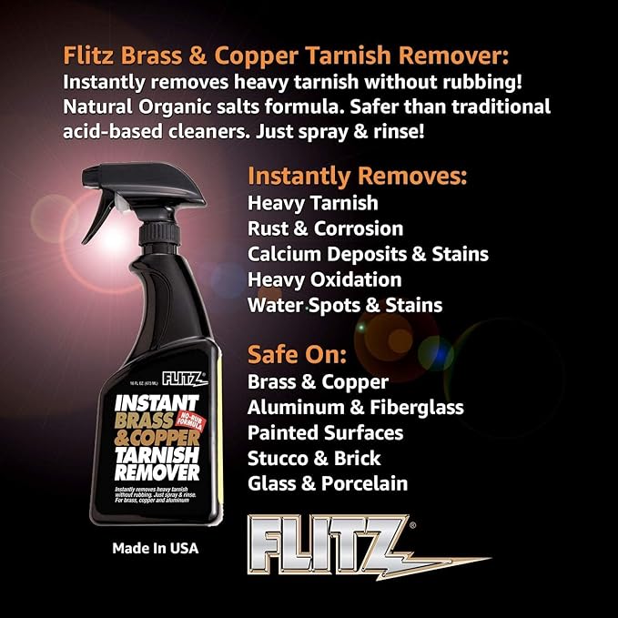 FLITZ Instant Brass and Copper Tarnish Remover - 32oz Bottle of USA-Made Organic Rust Remover Spray (No-Rub) - Removes Stains & Oxidation from Glass & Aluminum - Brass Cleaners That Work (1 Pack)
