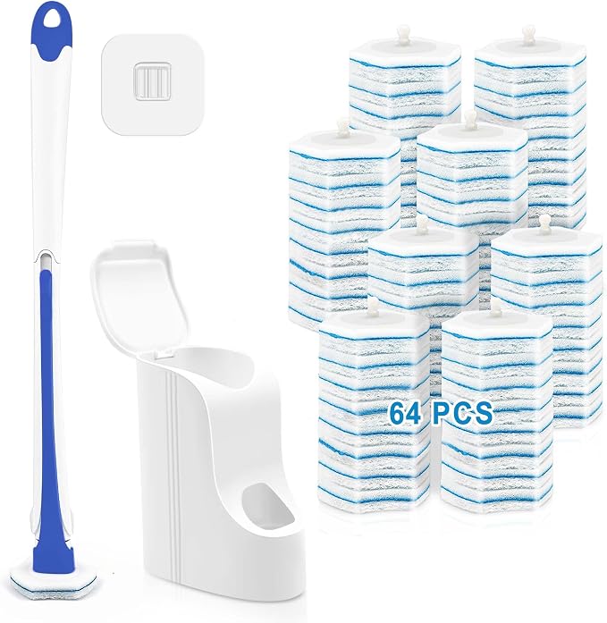 JEHONN Disposable Toilet Brush with 64 Wand Cleaner Refills, Wall Mounted Toilet Bowl Brush Holder Set, Bathroom Cleaning System for Sink Bathtub Wash Basin (Blue)