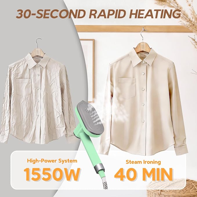 2 In 1 Steamer for Clothes: 1550W Powerful Steamer with 1100ml Detachable Tank, 30s Fast Heat-Up, Horizontal & Vertical Use, Portable Wrinkle Remover for Clothes Drapes Bedding (Green)