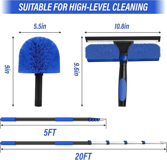 26FT High Window Washing Kit with Extension Pole, 2 in 1 Window Cleaning Squeegee Kit, Cobweb Duster with 5-20FT Telescoping Pole, High Reach Duster Kit for Outdoor, Indoor and Solar Panel Cleaning