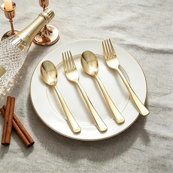 MOACOCK 200 Count Light Gold Plastic Silverware, Heavy Duty Plastic Utensils Set 100 Spoons and Forks, Gold Spoons and Forks Set for Catering Party Wedding Dinners