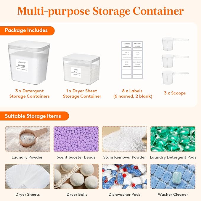 Lifewit 4 Pack Laundry Pods container with Labels and Measuring Scoops, Laundry Room Organization and Storage for Booster Beads with Labels and Measuring Scoops