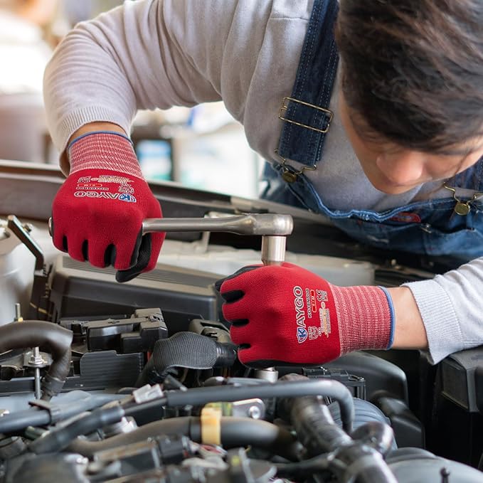KAYGO Safety Work Gloves MicroFoam Nitrile Coated, 3 Pairs KG18NB,Seamless Knit Nylon Glove for Men and Women, Ideal for Automotive,Warehouse,Construction (XL,Red)