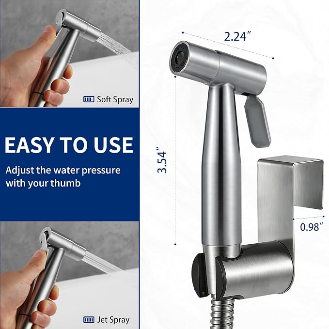 Brushed Nickel Handheld Bidet Sprayer for Toilet, Toilet Sprayer Bidet with Solid Brass T-Valve & Stainless Steel Hose, Adjustable Pressure Diaper Sprayer Kit for Bathroom & Baby Diaper